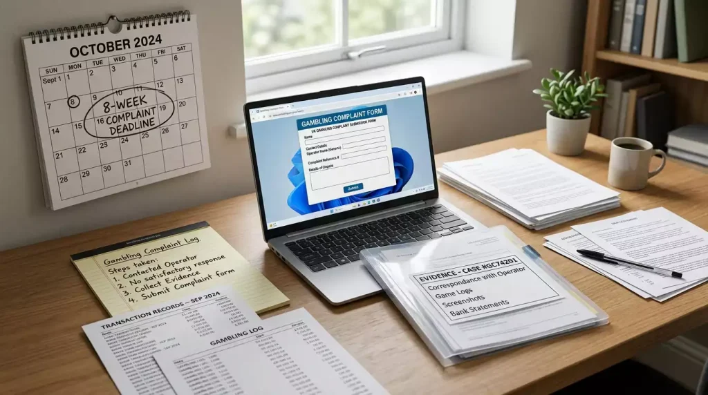 Organised complaint notes, transaction records and a calendar for a gambling account dispute