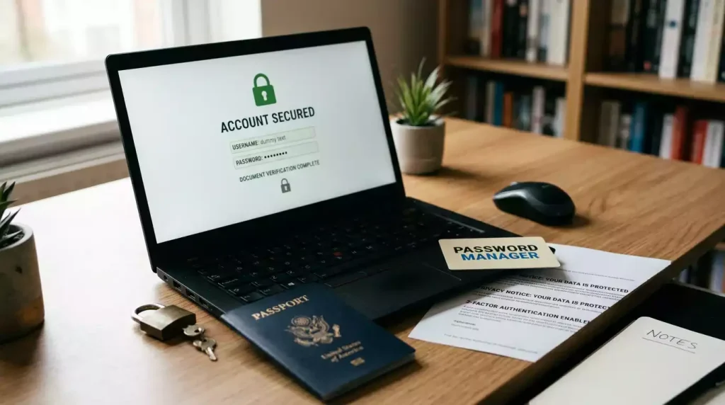 Secure account screen, covered identity document and privacy notes on a desk