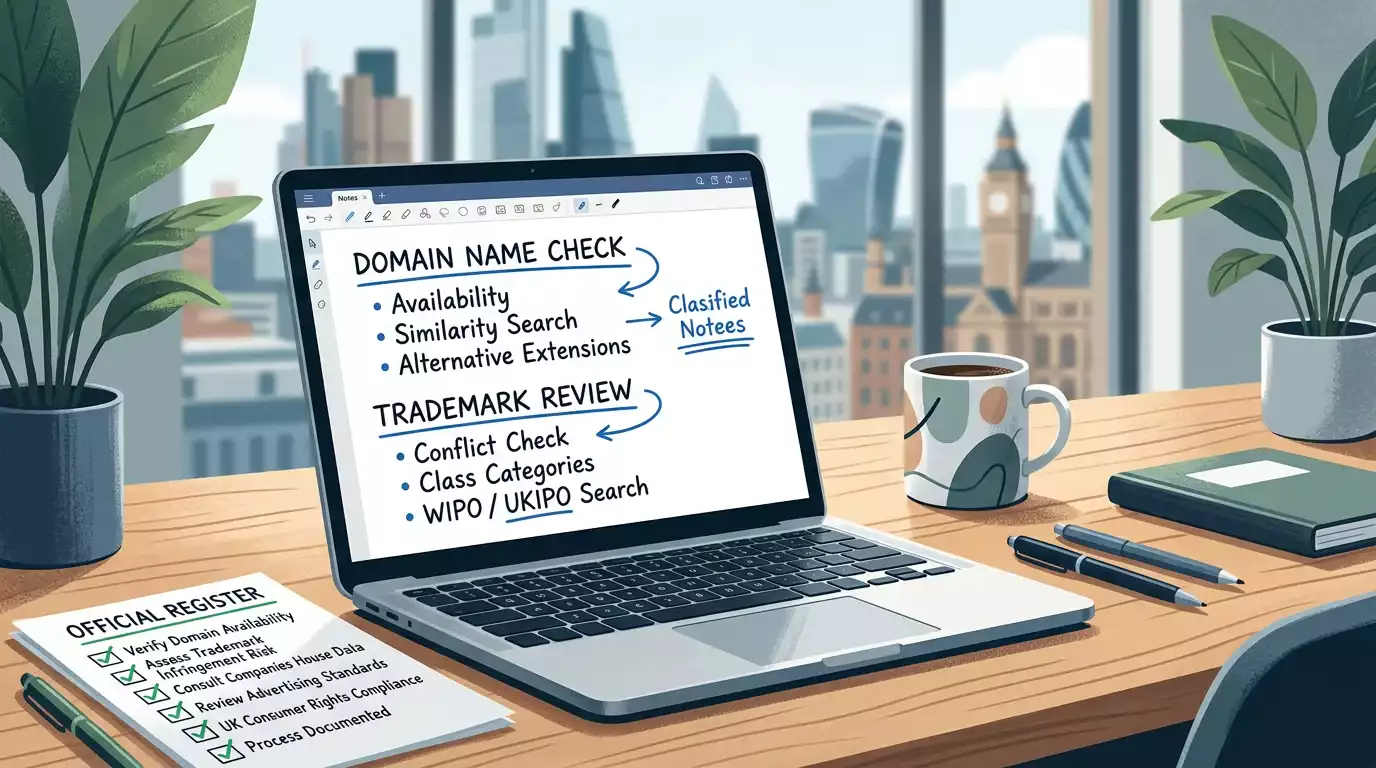 Laptop and notes showing a careful licence and domain check