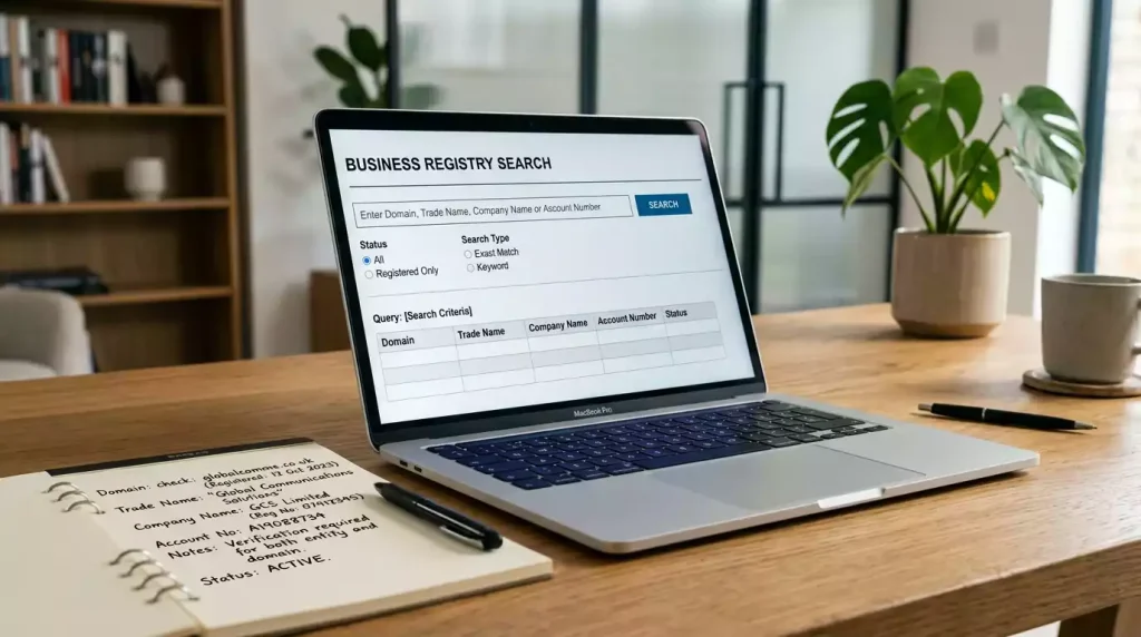 Notes comparing a gambling website domain, trading name and business name with an official register check
