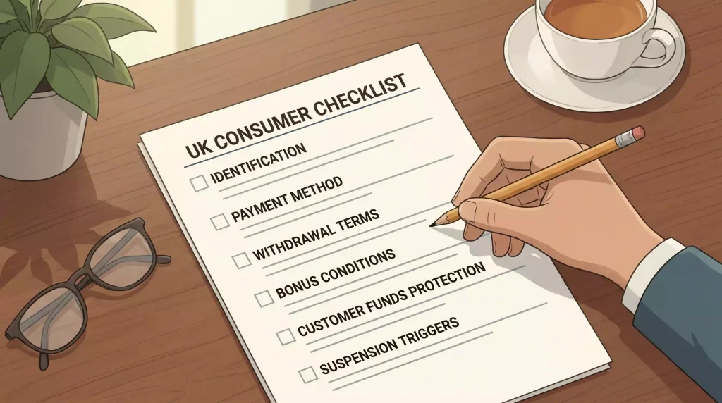 A pre-deposit checklist covering identity, payment, withdrawal and support questions