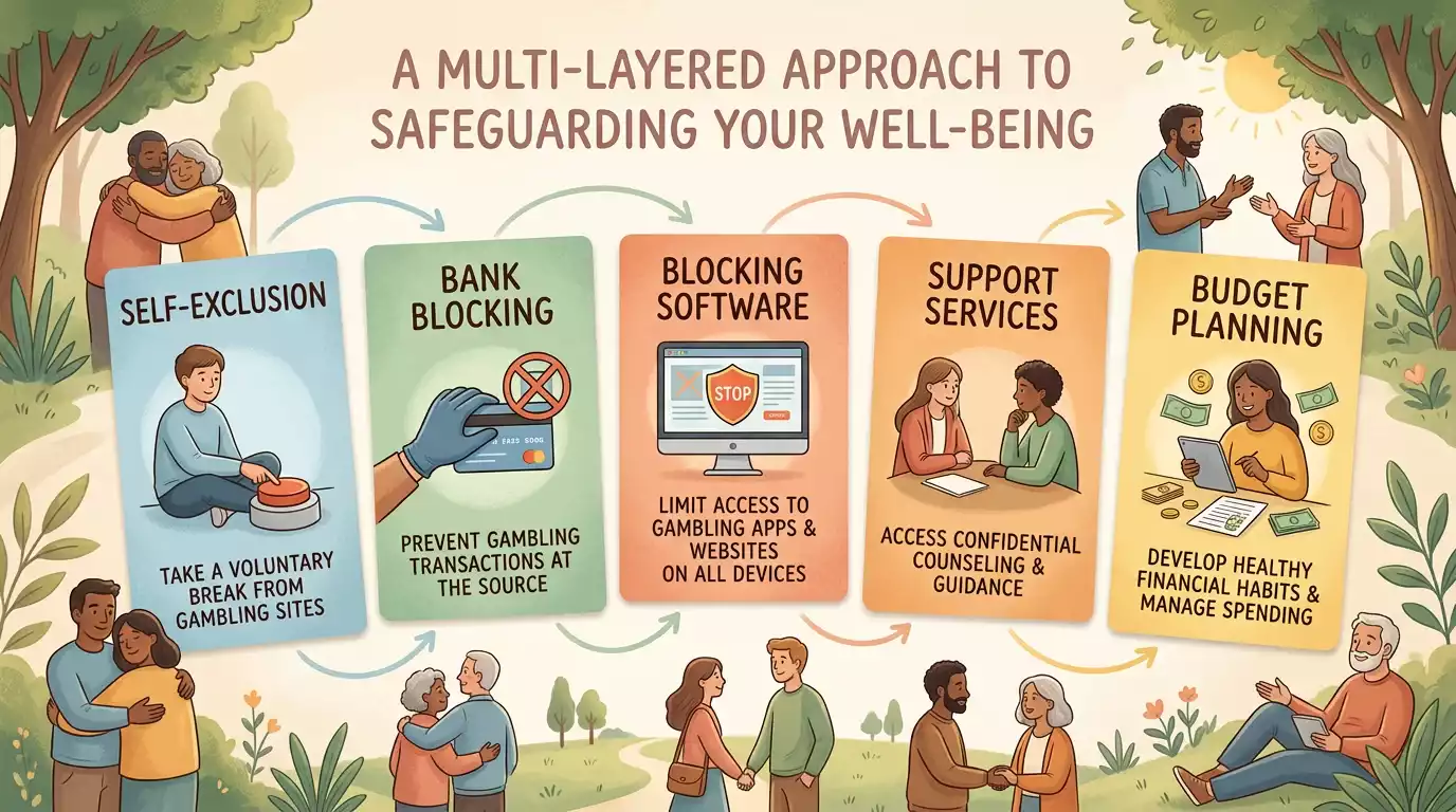 Layered support cards for self-exclusion, bank blocks, blocking software and money guidance