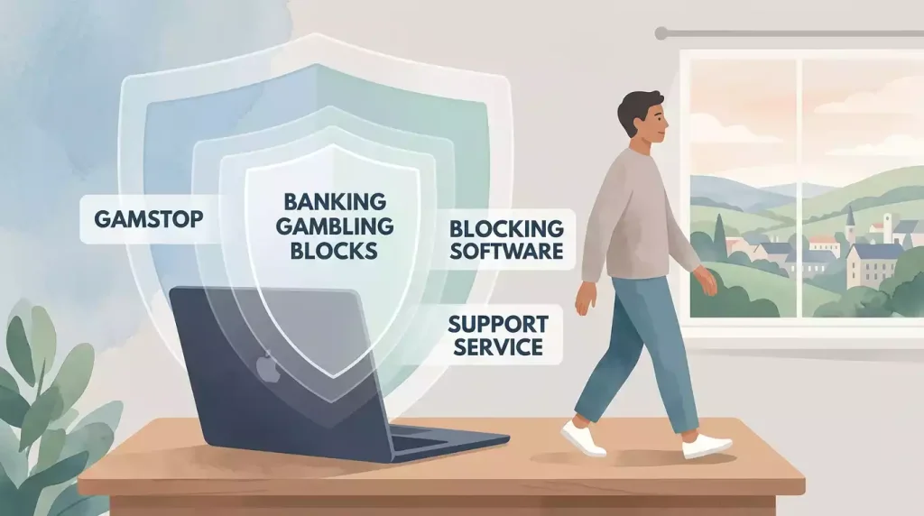 Layered protection tools helping a person step away from online gambling