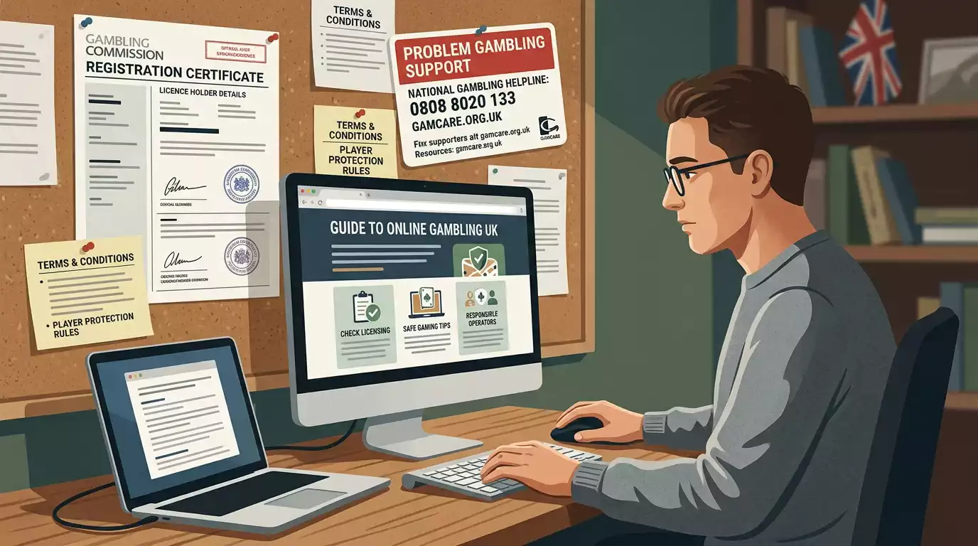 A calm desk scene showing a gambling website check, official notes and support information